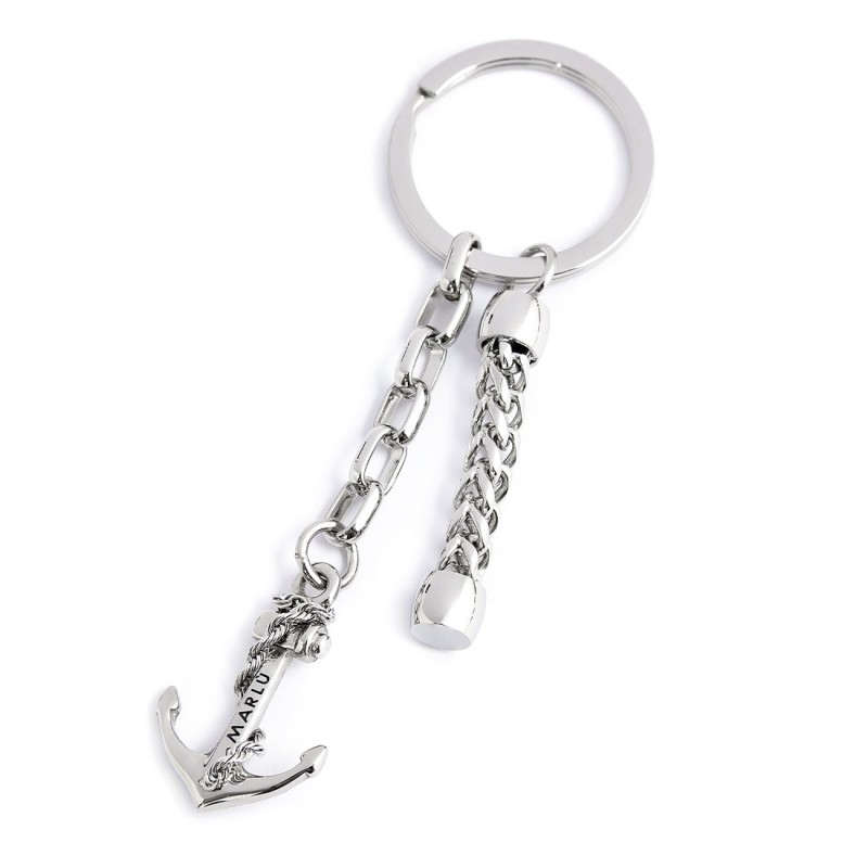 S.S.KEYRING 30MM WITH FISHBONE CHAIN, SQUARED CHAIN AND ANCHOR PEND Polished s.steel keyring 30 mm diameter, 2,70 mm width, 2,40