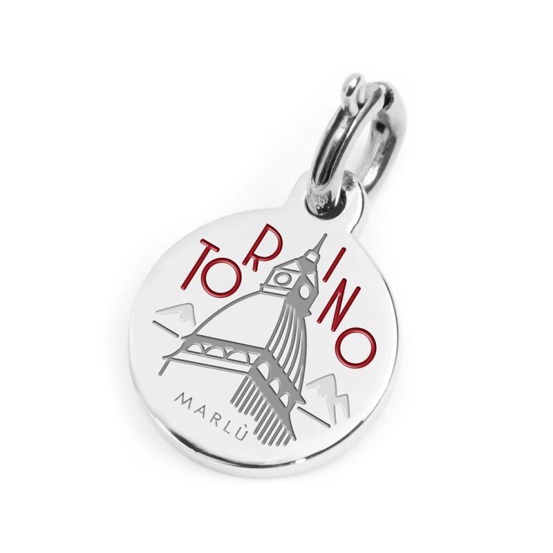 S.STEEL CHARM TORINO S.steel round charm with Torino city's symbols image, 14 mm diameter. On the front side lettering in black