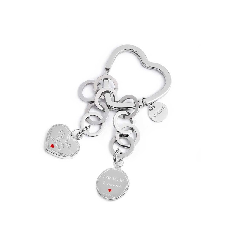S.STEEL KEYRING HEART WITH RINGS CHAINS WITH PEND Polished s.steel keyring heart shape with 31*31,05 mm, 2,80 mm width, 3 mm thi